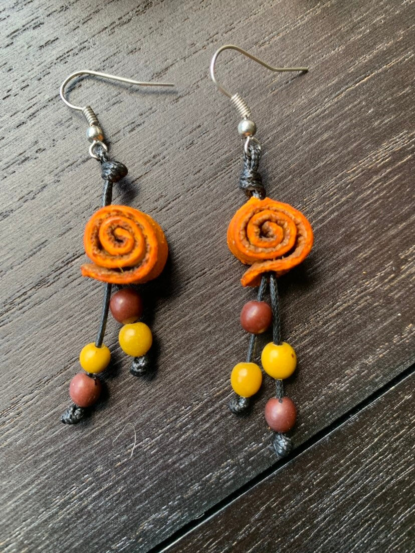Flower earrings Floral dangle and drop earrings Tagua jewelry Rose statement jewelry Orange peel and acai seeds Spring fashion For beach