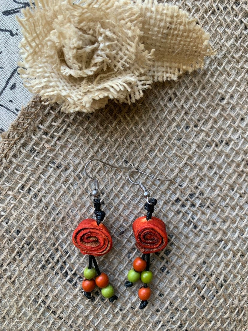 Orange peel and acai drop rose earrings Floral dangles Tagua jewelry Statement jewelry Spring fashion trends Beach trendy style Lightweight