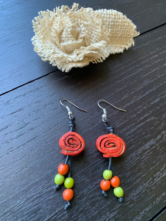 Orange peel and acai drop rose earrings Floral dangles Tagua jewelry Statement jewelry Spring fashion trends Beach trendy style Lightweight