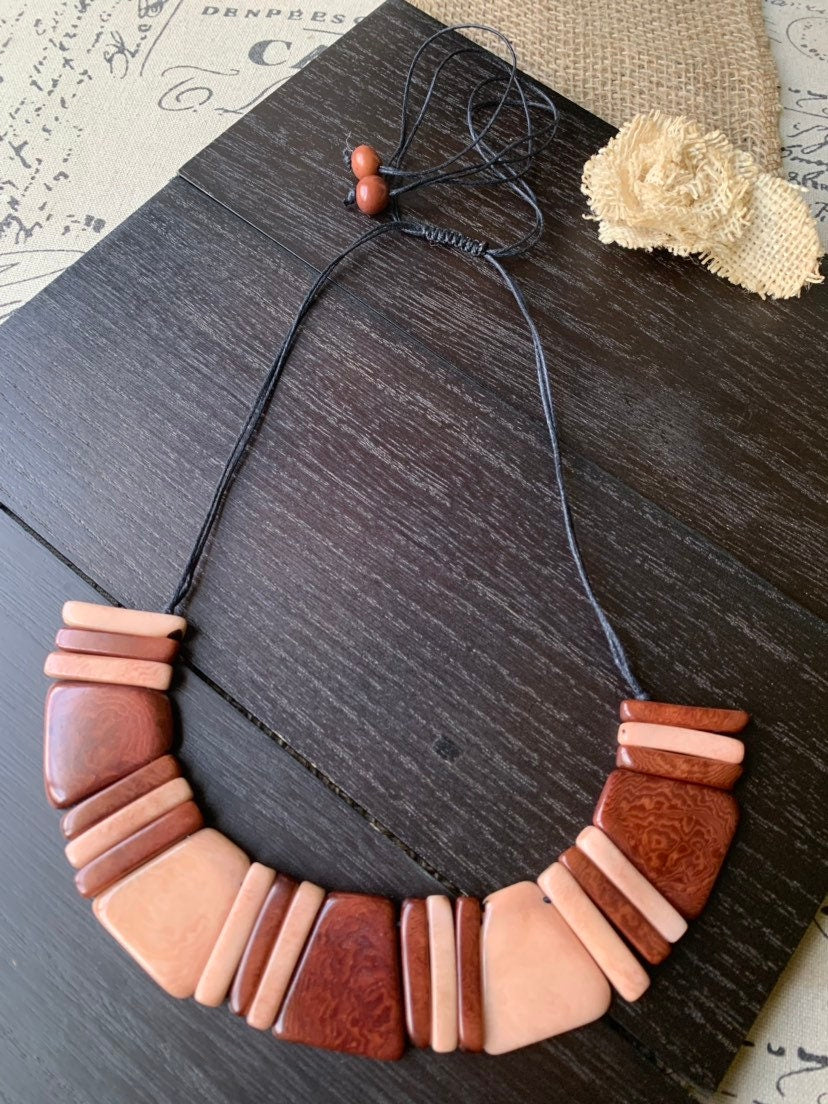 Brown bib necklace Tagua bib collar Fall fashion trends jewelry Anniversary gift idea for wife Artisan handmade Christmas gifts Autumn style