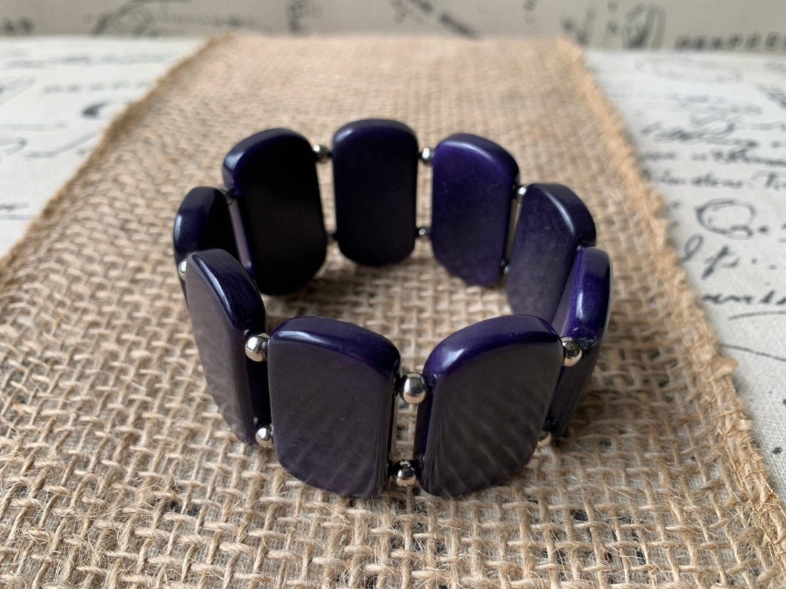 Dark Purple statement bracelet Tagua jewelry Beaded stretch bangle Geometric square beads Beach fashion Spring trends Anniversary gift ideas