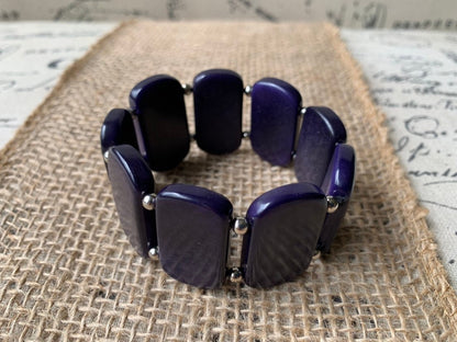 Dark Purple statement bracelet Tagua jewelry Beaded stretch bangle Geometric square beads Beach fashion Spring trends Anniversary gift ideas