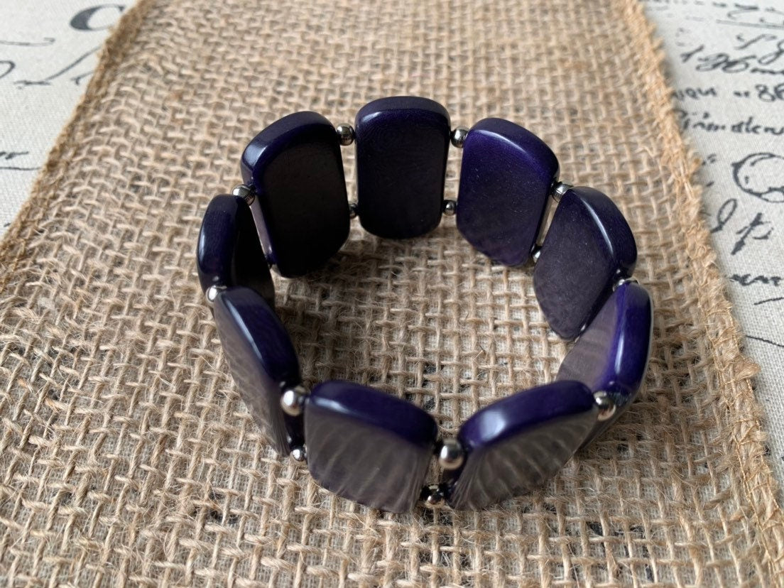 Dark Purple statement bracelet Tagua jewelry Beaded stretch bangle Geometric square beads Beach fashion Spring trends Anniversary gift ideas