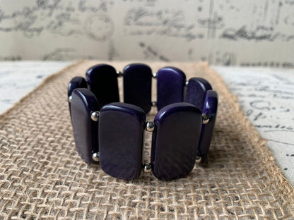 Dark Purple statement bracelet Tagua jewelry Beaded stretch bangle Geometric square beads Beach fashion Spring trends Anniversary gift ideas