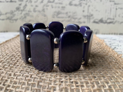 Dark Purple statement bracelet Tagua jewelry Beaded stretch bangle Geometric square beads Beach fashion Spring trends Anniversary gift ideas