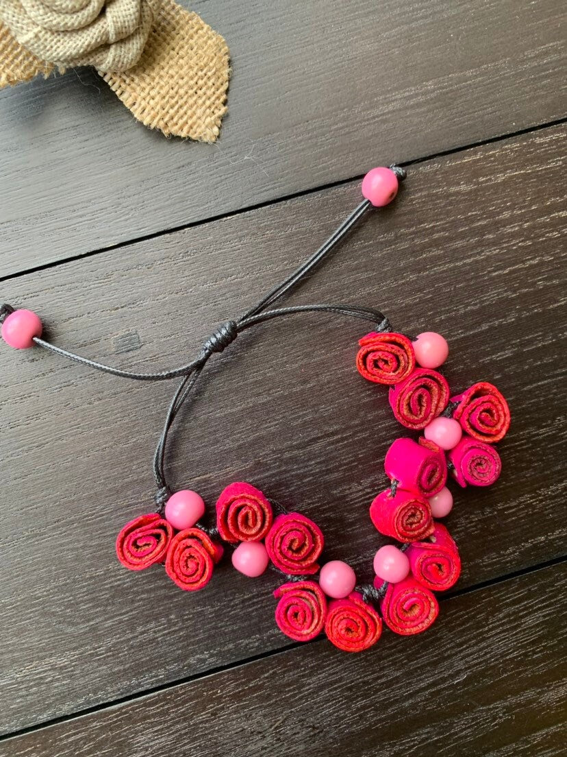 Hot pink rose Bracelet Gifts Flower adjustable bracelet Anniversary Floral Jewelry Adjustable made of orange peel and acai seeds Organic