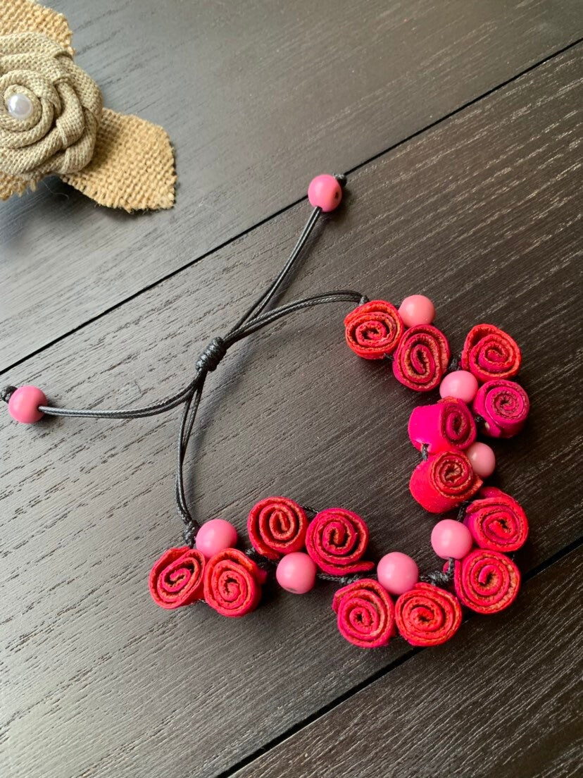 Hot pink rose Bracelet Gifts Flower adjustable bracelet Anniversary Floral Jewelry Adjustable made of orange peel and acai seeds Organic