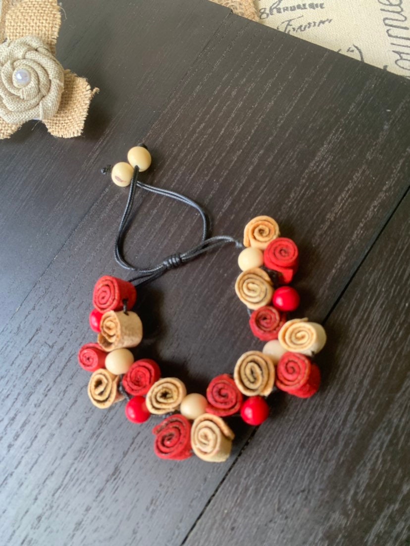 Rose Bracelet Anniversary present Floral Jewelry White and red adjustable bangle Artisan handmade Spring fashion trends Mother's day gifts