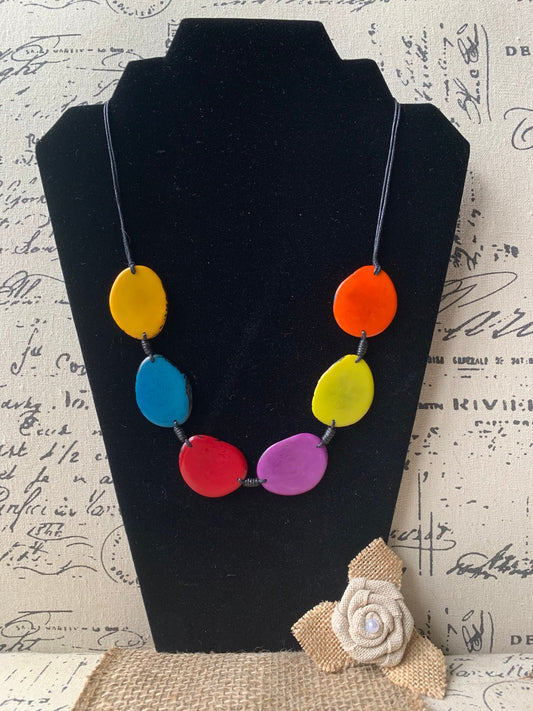 Rainbow single strand statement necklace Tagua necklace Multi color beaded handmade collar with adjustable leather Anniversary gift for wife