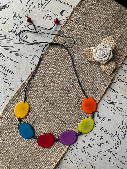 Rainbow single strand statement necklace Tagua necklace Multi color beaded handmade collar with adjustable leather Anniversary gift for wife