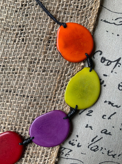 Rainbow single strand statement necklace Tagua necklace Multi color beaded handmade collar with adjustable leather Anniversary gift for wife
