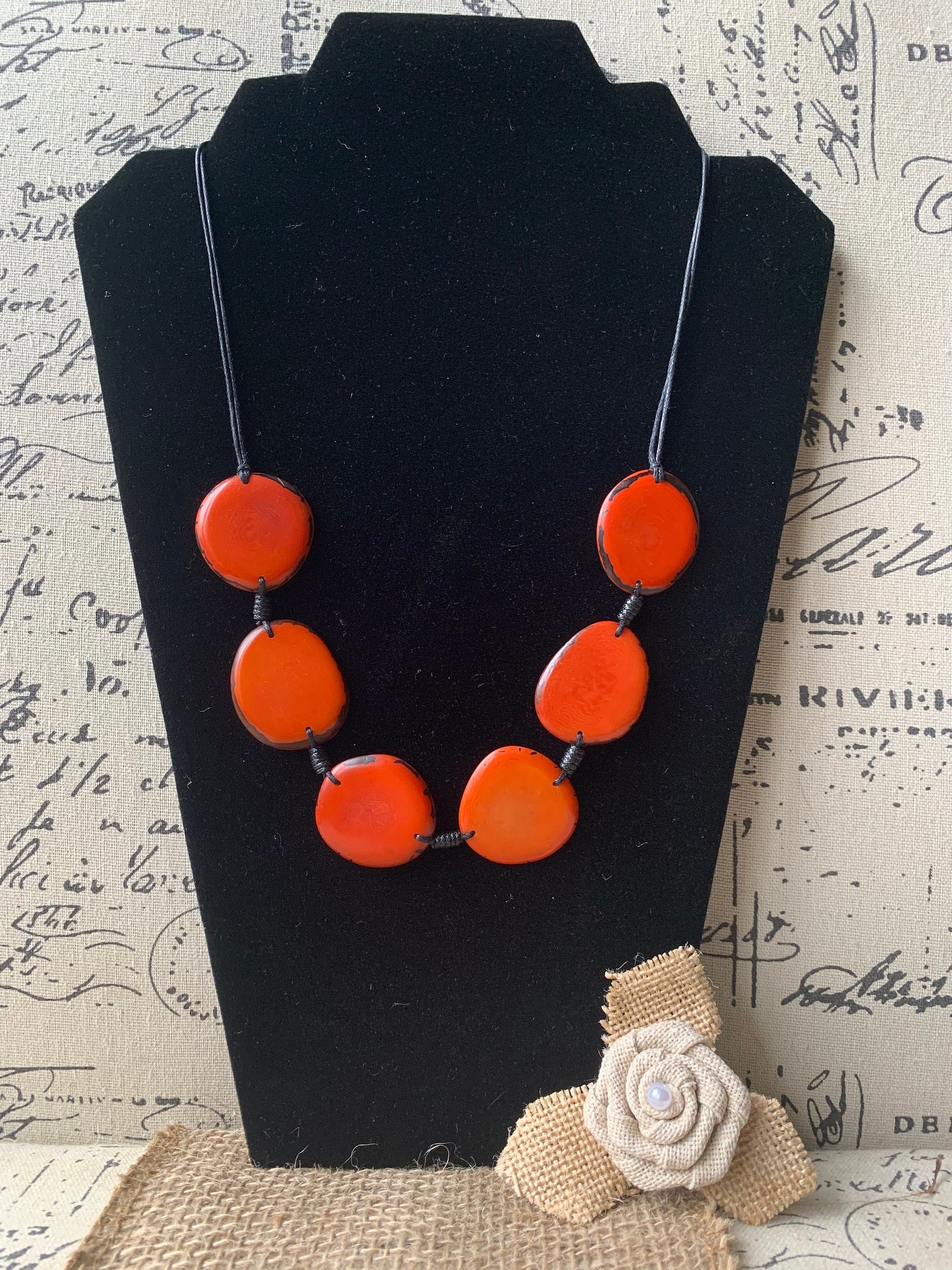 Burnt orange simple beaded necklace Fall fashion jewelry Tagua necklace Handmade with adjustable strap Unusual collar Single one strand