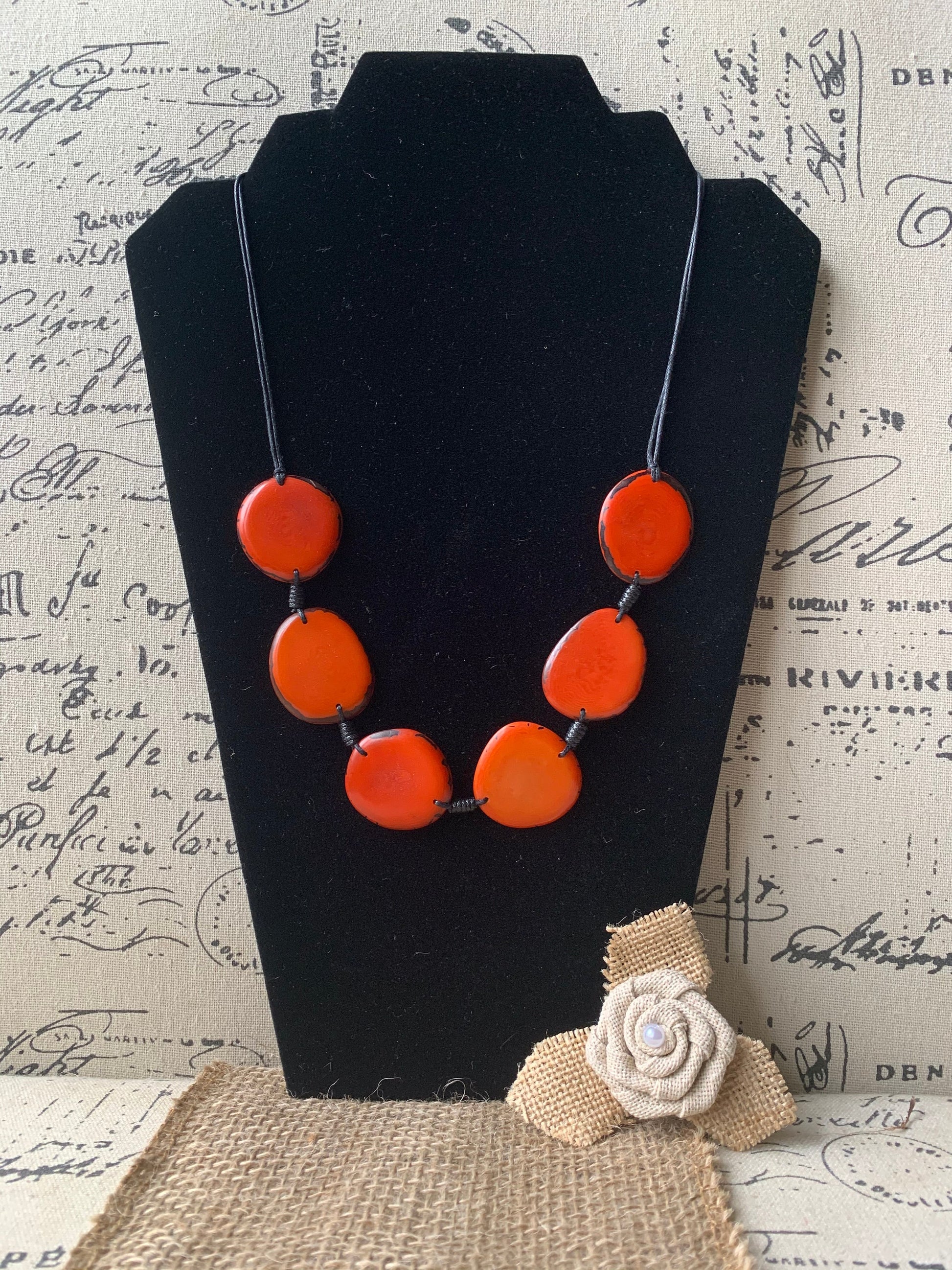 Burnt orange simple beaded necklace Fall fashion jewelry Tagua necklace Handmade with adjustable strap Unusual collar Single one strand