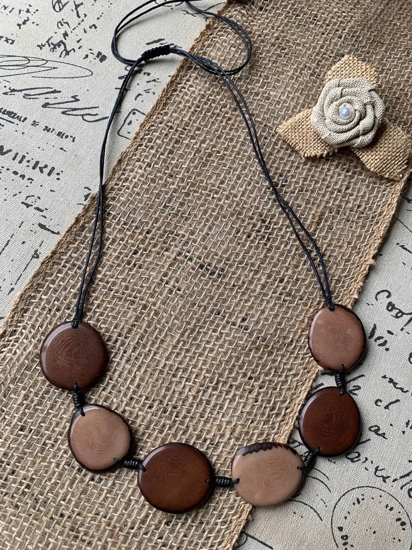 Brown statement necklace Tagua jewelry Bib chunky single strand necklace Artisan handmade Beaded collar Fall fashion trends Autumn style
