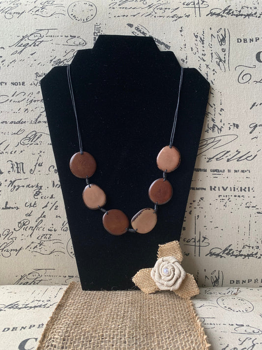 Brown statement necklace Tagua jewelry Bib chunky single strand necklace Artisan handmade Beaded collar Fall fashion trends Autumn style