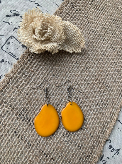 Mustard yellow earrings Tagua jewelry Statement dangle drops Summer fashion trends Artisan handmade in Ecuador Mod unusual trendy For beach