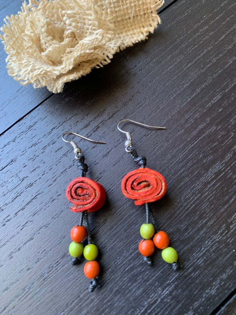 Orange peel and acai drop rose earrings Floral dangles Tagua jewelry Statement jewelry Spring fashion trends Beach trendy style Lightweight