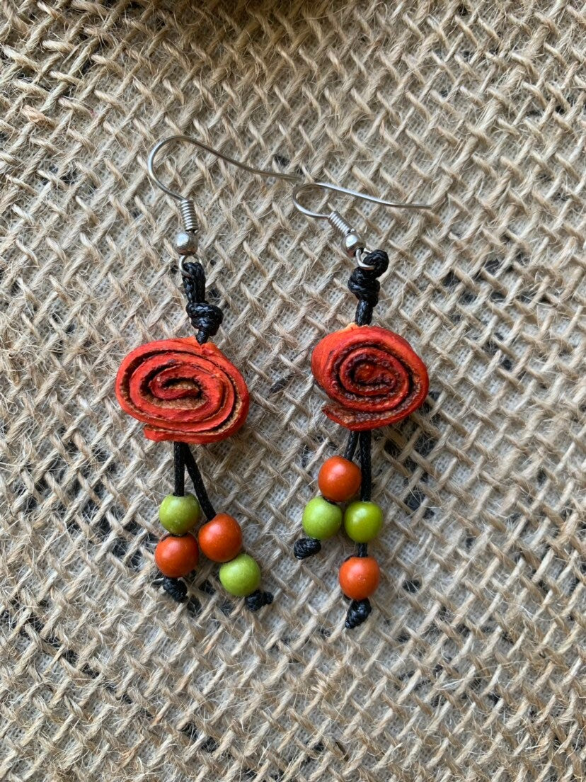 Orange peel and acai drop rose earrings Floral dangles Tagua jewelry Statement jewelry Spring fashion trends Beach trendy style Lightweight