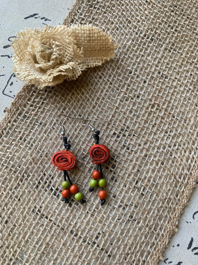 Orange peel and acai drop rose earrings Floral dangles Tagua jewelry Statement jewelry Spring fashion trends Beach trendy style Lightweight