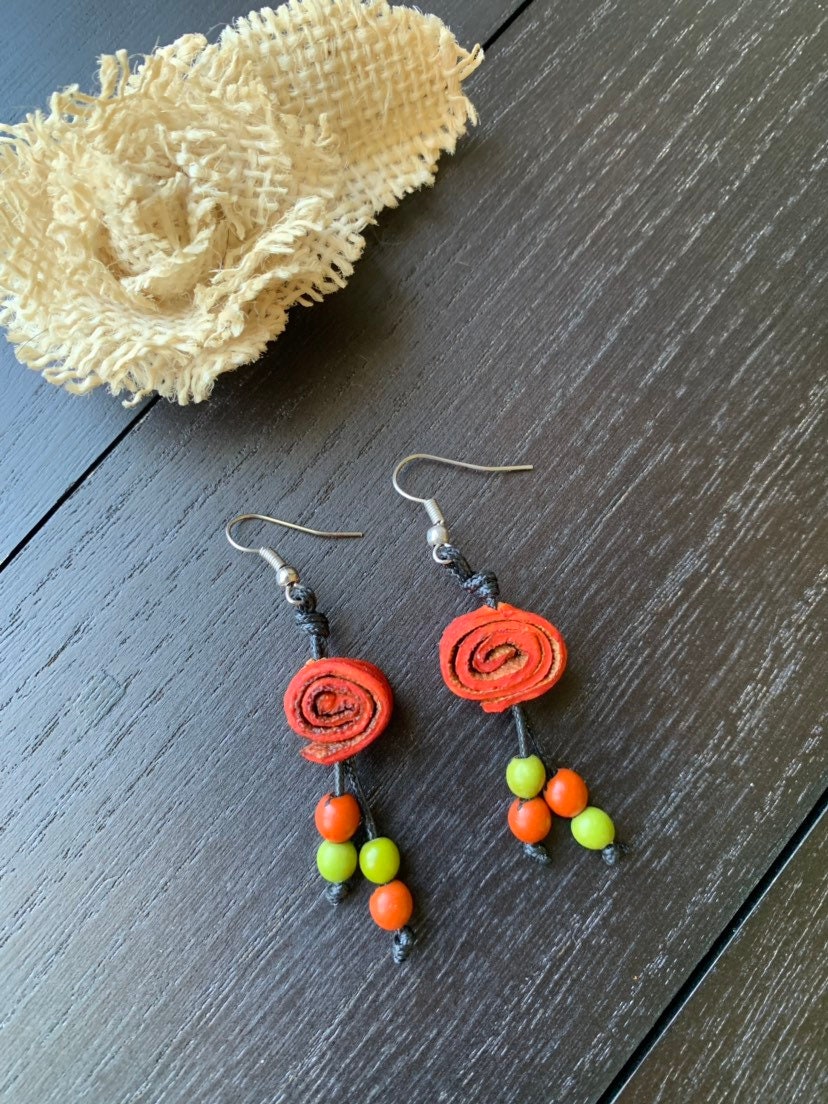 Orange peel and acai drop rose earrings Floral dangles Tagua jewelry Statement jewelry Spring fashion trends Beach trendy style Lightweight