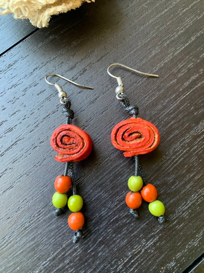 Orange peel and acai drop rose earrings Floral dangles Tagua jewelry Statement jewelry Spring fashion trends Beach trendy style Lightweight