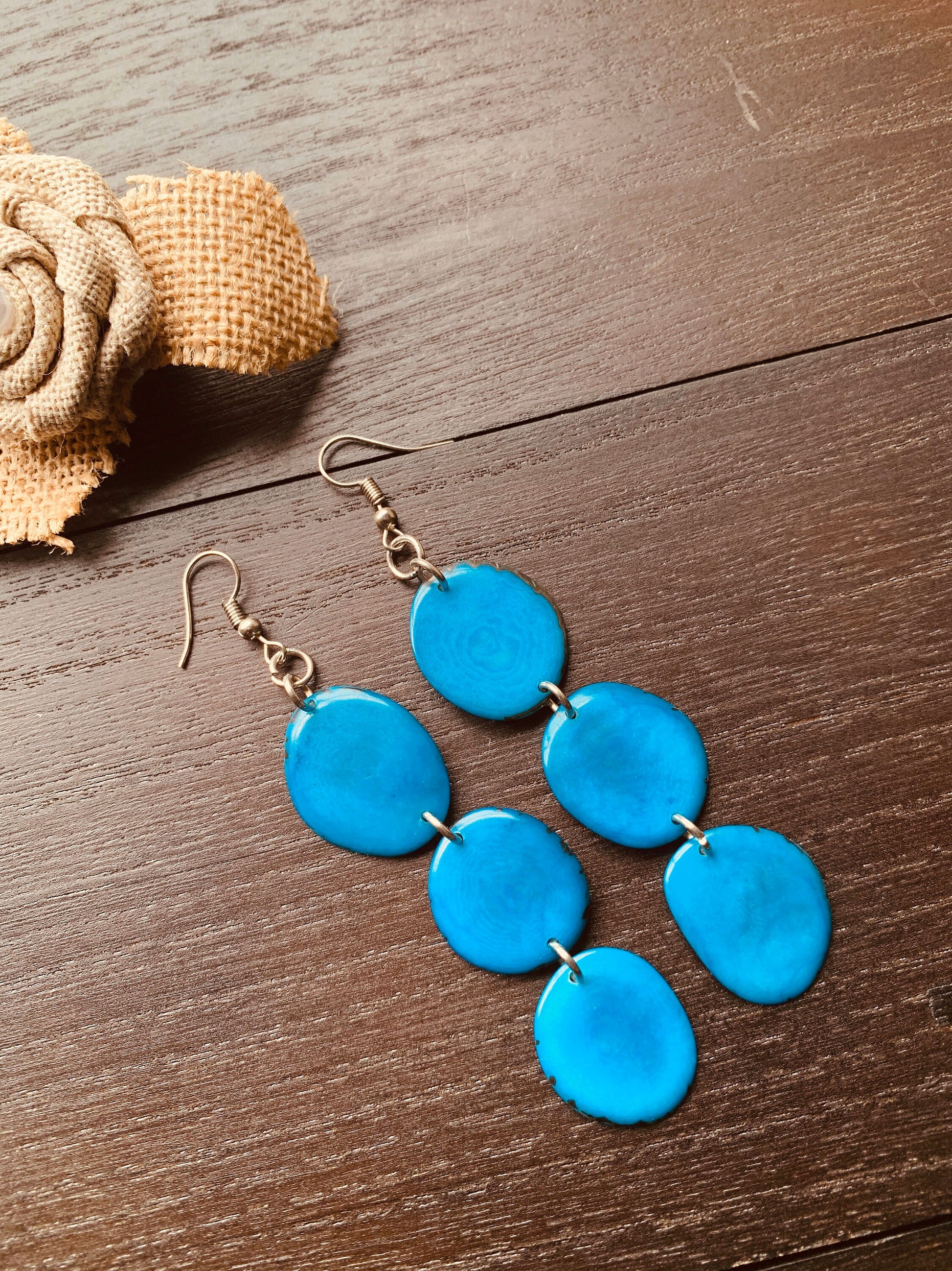 Turquoise blue earrings dangle Extra long tagua earrings Beach fashion Statement drops Boho mod style Artisan handmade Mother’s Day gifts