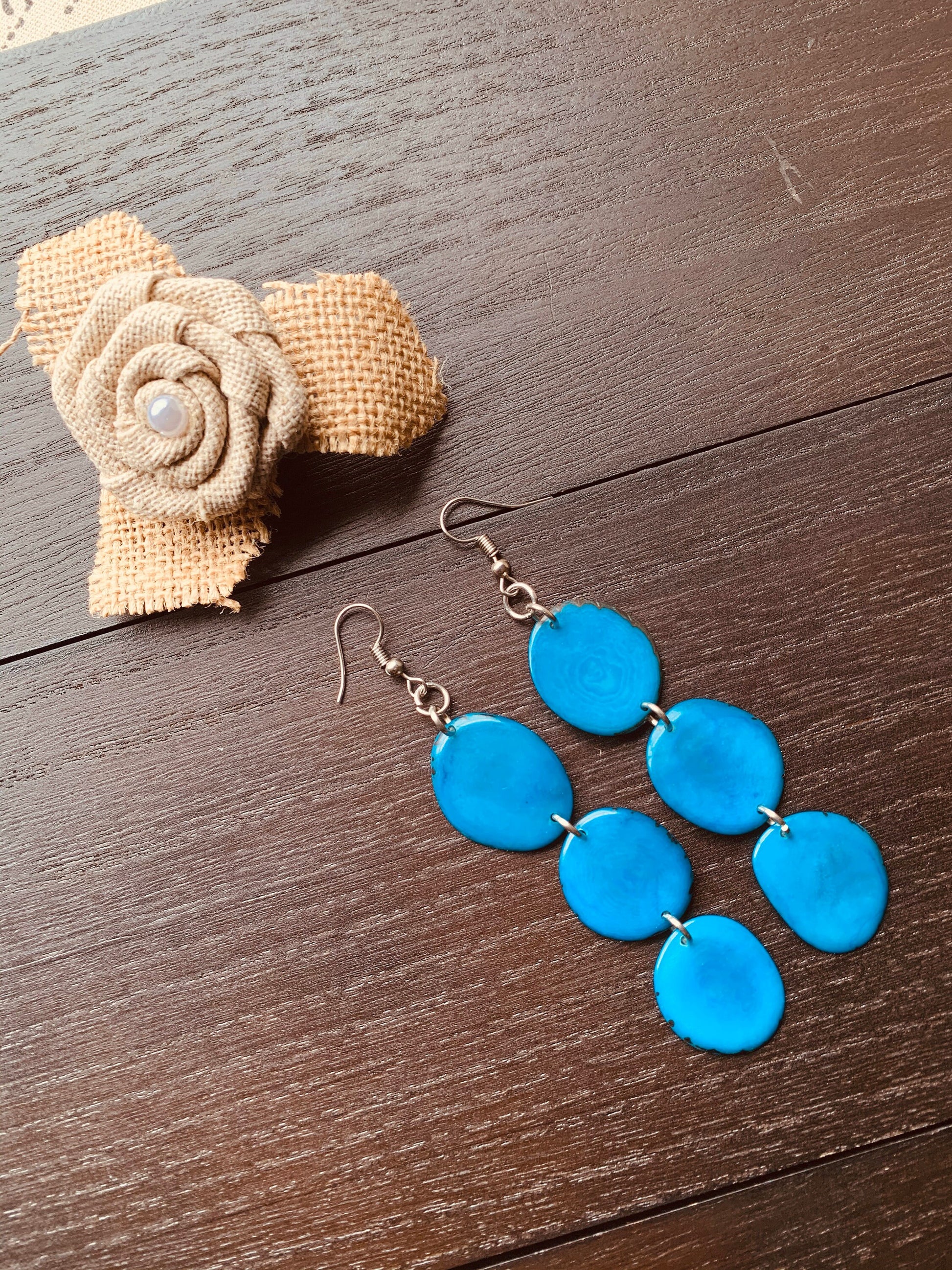 Turquoise blue earrings dangle Extra long tagua earrings Beach fashion Statement drops Boho mod style Artisan handmade Mother’s Day gifts