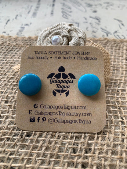 Turquoise blue stud earrings Geometric round studs Statement jewellery Tagua jewelry Plain Button earrings Resort wear Spring fashion trends