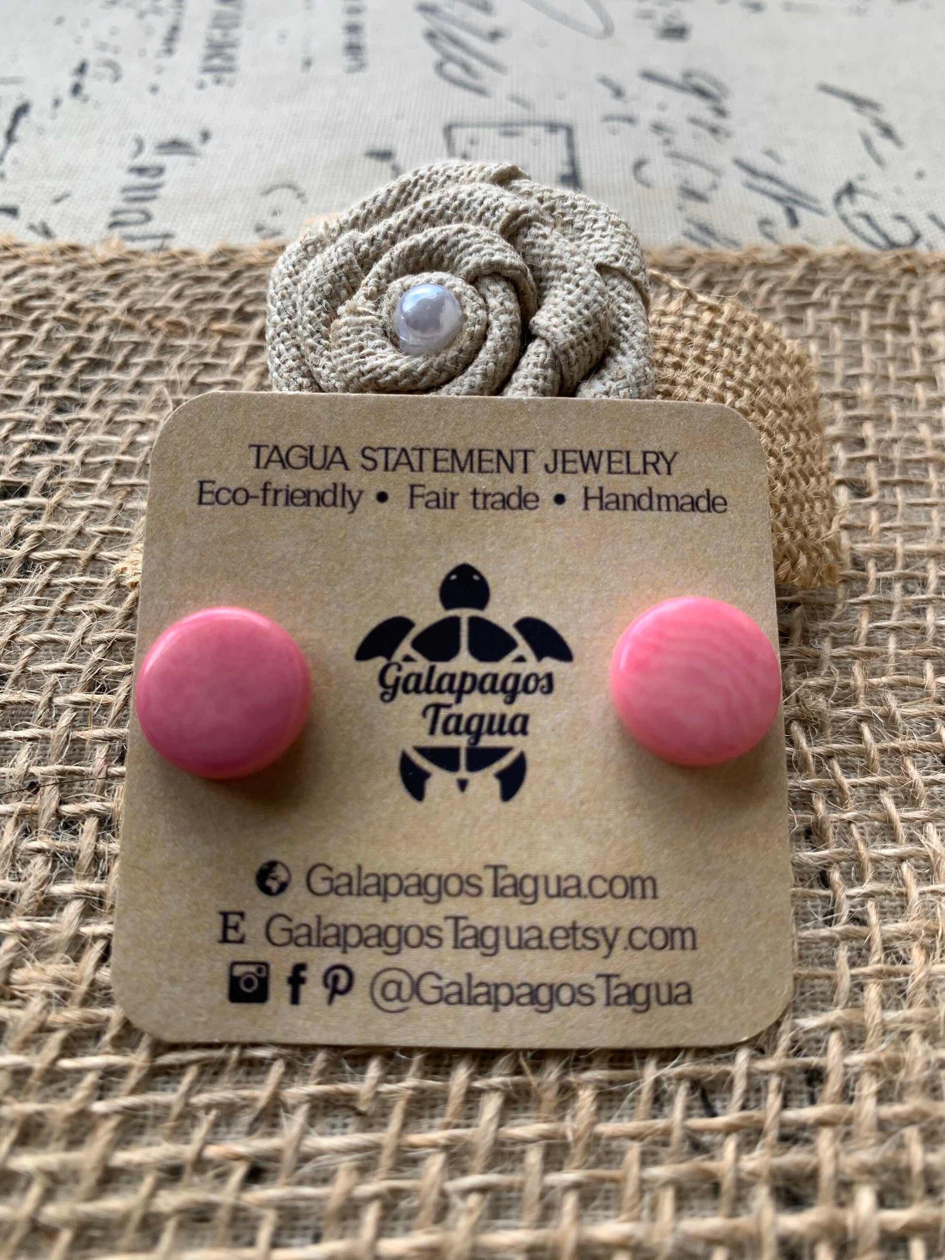 Pink studs Round beaded earrings Tagua jewelry Spring fashion trends Geometric post Artisan handmade Cute colorful organic studs for girls