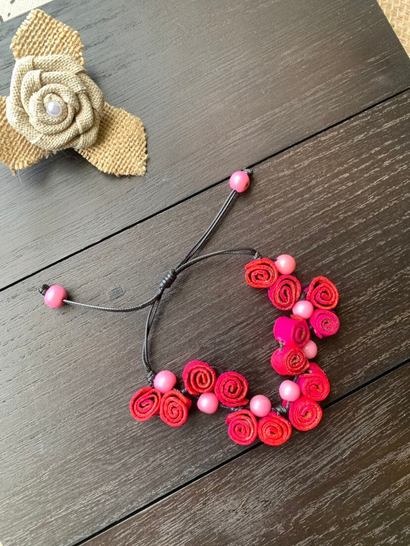 Hot pink rose Bracelet Gifts Flower adjustable bracelet Anniversary Floral Jewelry Adjustable made of orange peel and acai seeds Organic