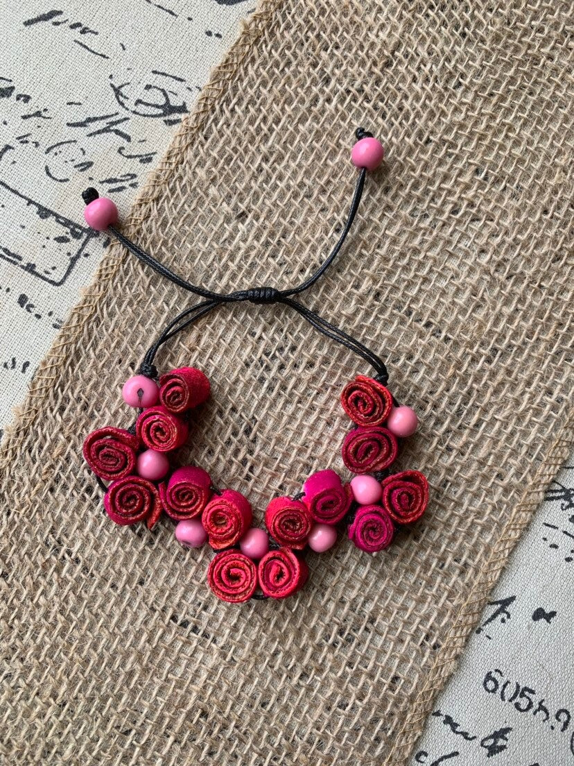 Hot pink rose Bracelet Gifts Flower adjustable bracelet Anniversary Floral Jewelry Adjustable made of orange peel and acai seeds Organic