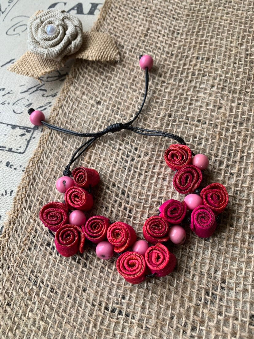 Hot pink rose Bracelet Gifts Flower adjustable bracelet Anniversary Floral Jewelry Adjustable made of orange peel and acai seeds Organic