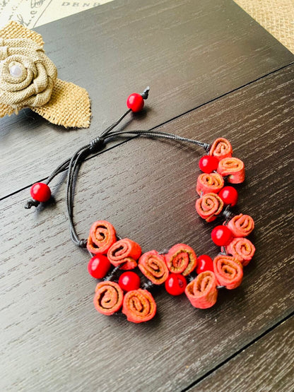 Rose Bracelet Gifts Flower adjustable bracelet Fall fashion For Anniversary Floral Jewelry Salmon made of orange peel and acai seeds