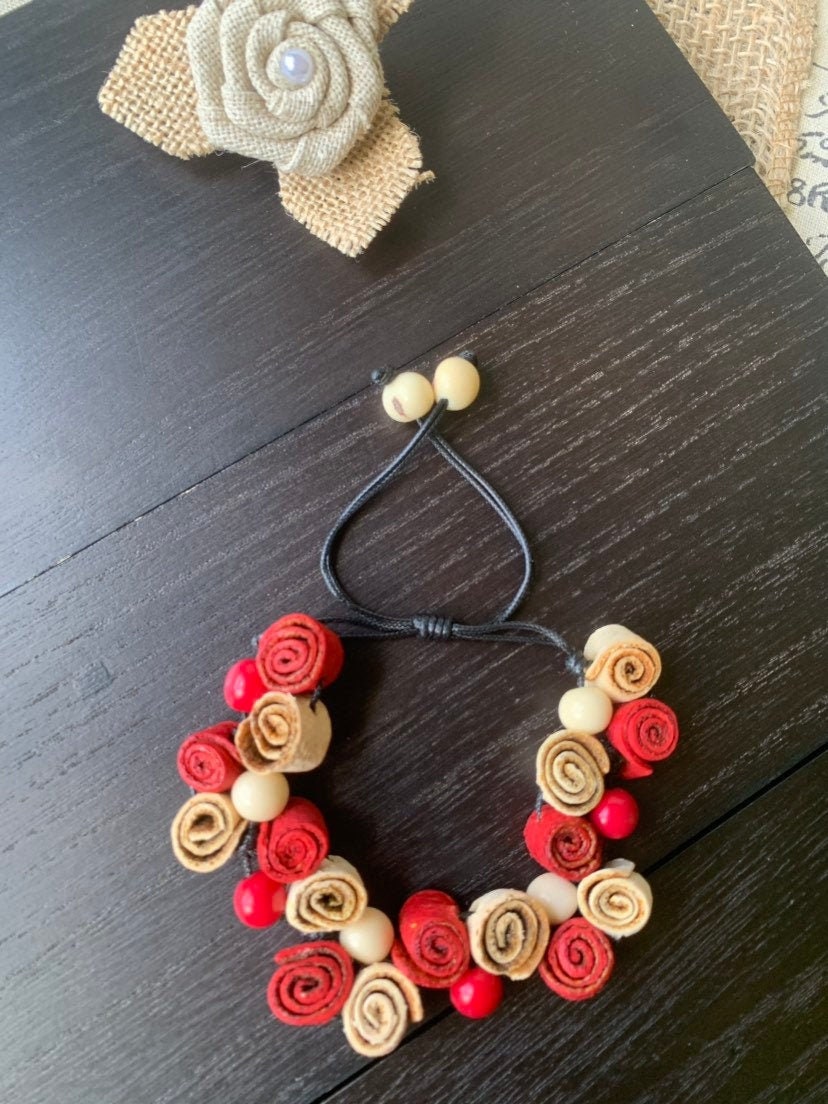 Rose Bracelet Anniversary present Floral Jewelry White and red adjustable bangle Artisan handmade Spring fashion trends Mother's day gifts