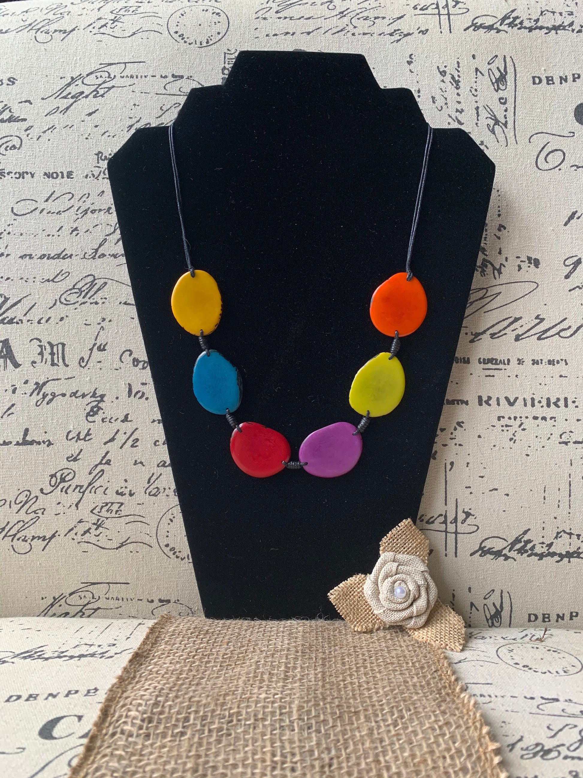 Rainbow single strand statement necklace Tagua necklace Multi color beaded handmade collar with adjustable leather Anniversary gift for wife
