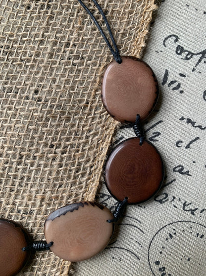 Brown statement necklace Tagua jewelry Bib chunky single strand necklace Artisan handmade Beaded collar Fall fashion trends Autumn style