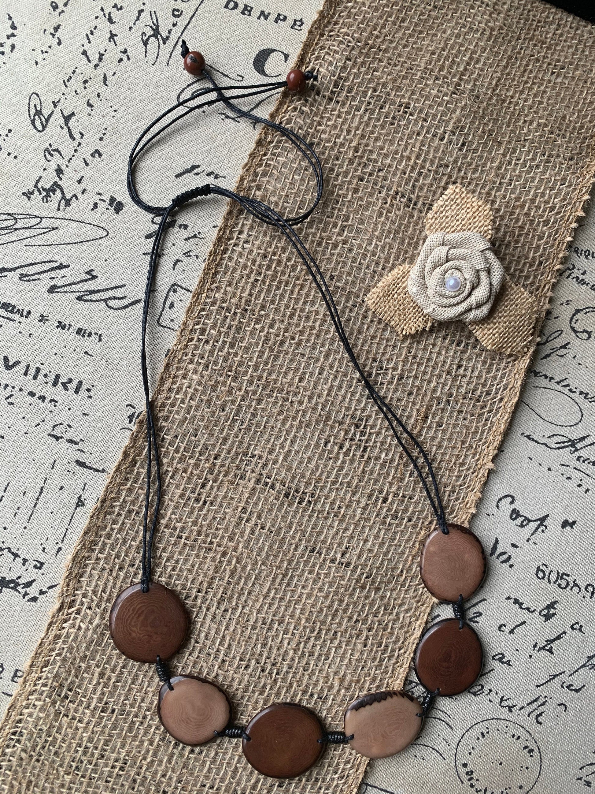 Brown statement necklace Tagua jewelry Bib chunky single strand necklace Artisan handmade Beaded collar Fall fashion trends Autumn style