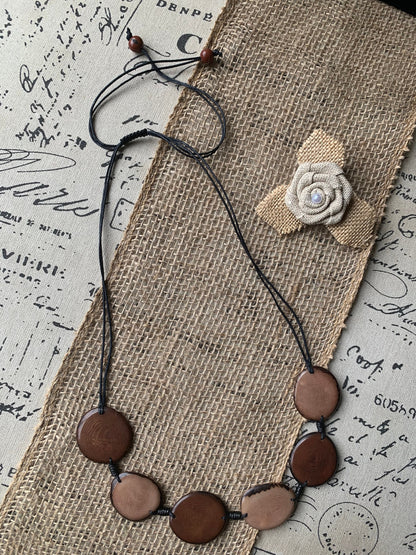 Brown statement necklace Tagua jewelry Bib chunky single strand necklace Artisan handmade Beaded collar Fall fashion trends Autumn style