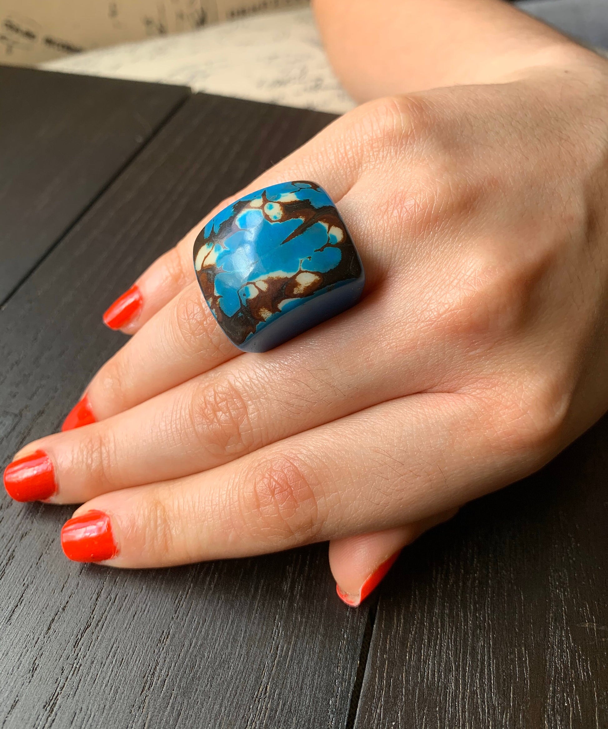 Turquoise statement large ring Tagua Unusual jewelry Cocktail rings for women Summer fashion Big bold chunky Beach trend Oversized huge ring