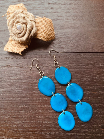 Turquoise blue earrings dangle Extra long tagua earrings Beach fashion Statement drops Boho mod style Artisan handmade Mother’s Day gifts