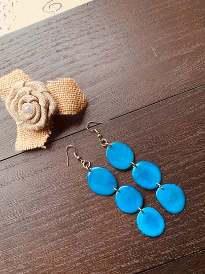 Turquoise blue earrings dangle Extra long tagua earrings Beach fashion Statement drops Boho mod style Artisan handmade Mother’s Day gifts