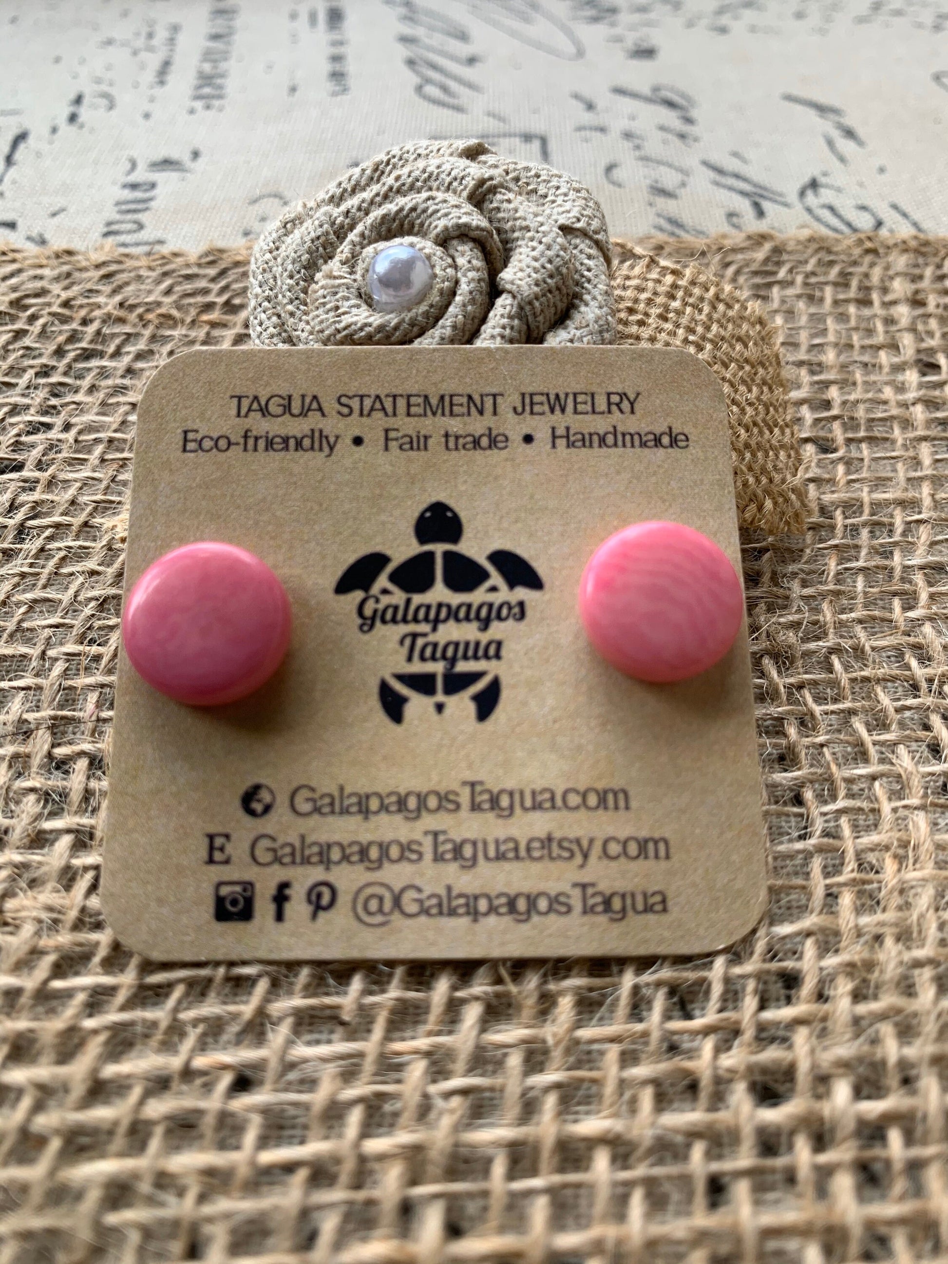 Pink studs Round beaded earrings Tagua jewelry Spring fashion trends Geometric post Artisan handmade Cute colorful organic studs for girls