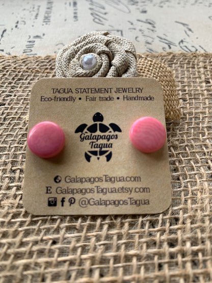 Pink studs Round beaded earrings Tagua jewelry Spring fashion trends Geometric post Artisan handmade Cute colorful organic studs for girls