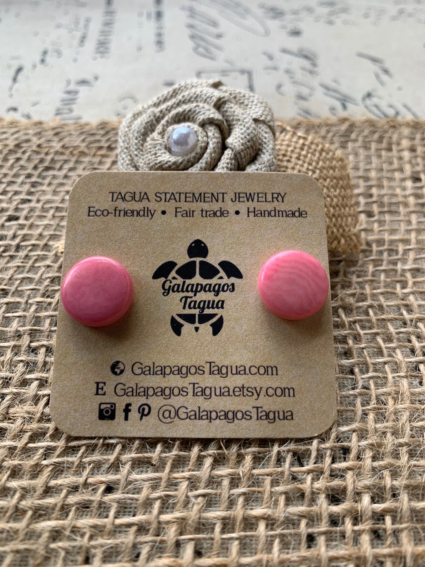 Pink studs Round beaded earrings Tagua jewelry Spring fashion trends Geometric post Artisan handmade Cute colorful organic studs for girls