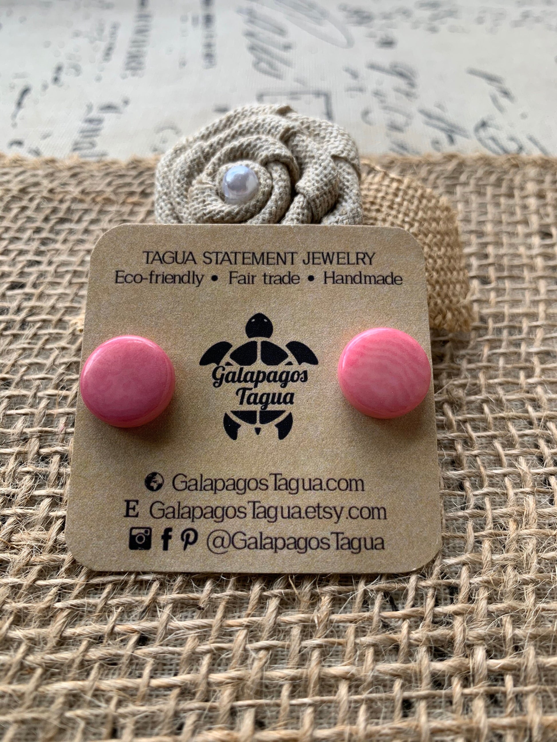 Pink studs Round beaded earrings Tagua jewelry Spring fashion trends Geometric post Artisan handmade Cute colorful organic studs for girls