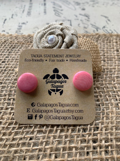 Pink studs Round beaded earrings Tagua jewelry Spring fashion trends Geometric post Artisan handmade Cute colorful organic studs for girls