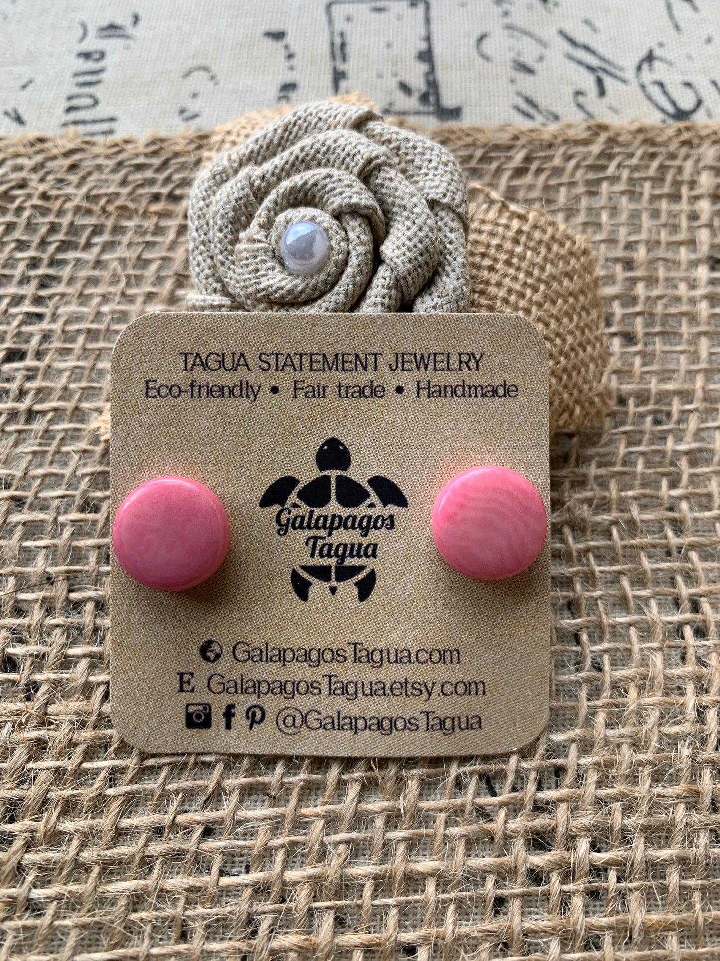 Pink studs Round beaded earrings Tagua jewelry Spring fashion trends Geometric post Artisan handmade Cute colorful organic studs for girls