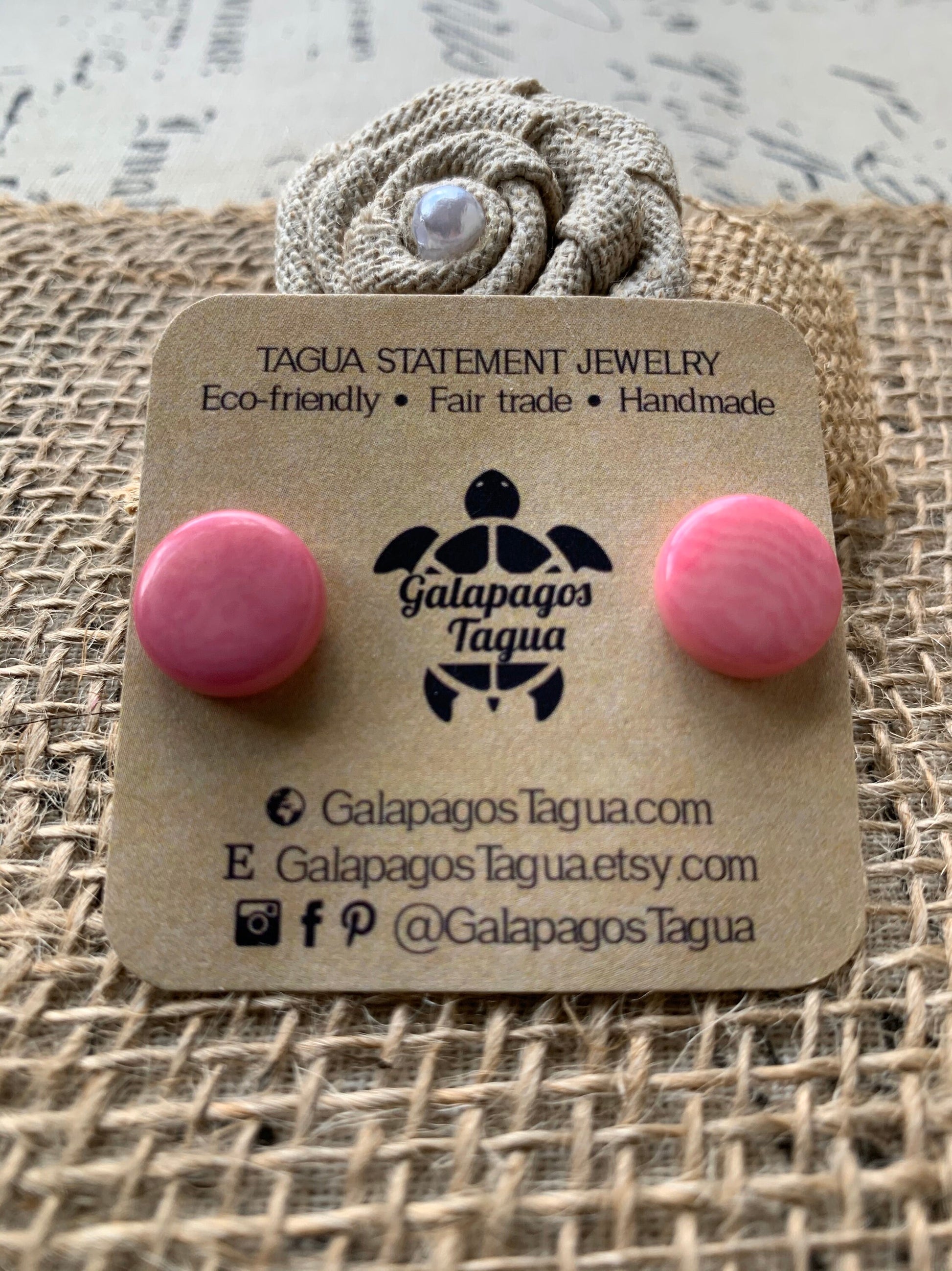 Pink studs Round beaded earrings Tagua jewelry Spring fashion trends Geometric post Artisan handmade Cute colorful organic studs for girls