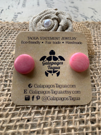 Pink studs Round beaded earrings Tagua jewelry Spring fashion trends Geometric post Artisan handmade Cute colorful organic studs for girls