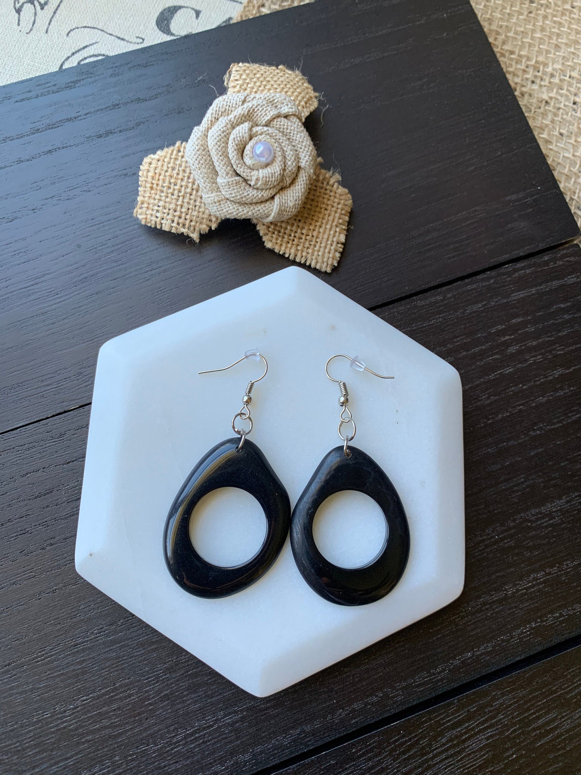 Black modern retro earrings Tagua jewelry Dangly cutout earrings Statement dangle earring Everyday lightweight Boho mod hoops Handmade drops